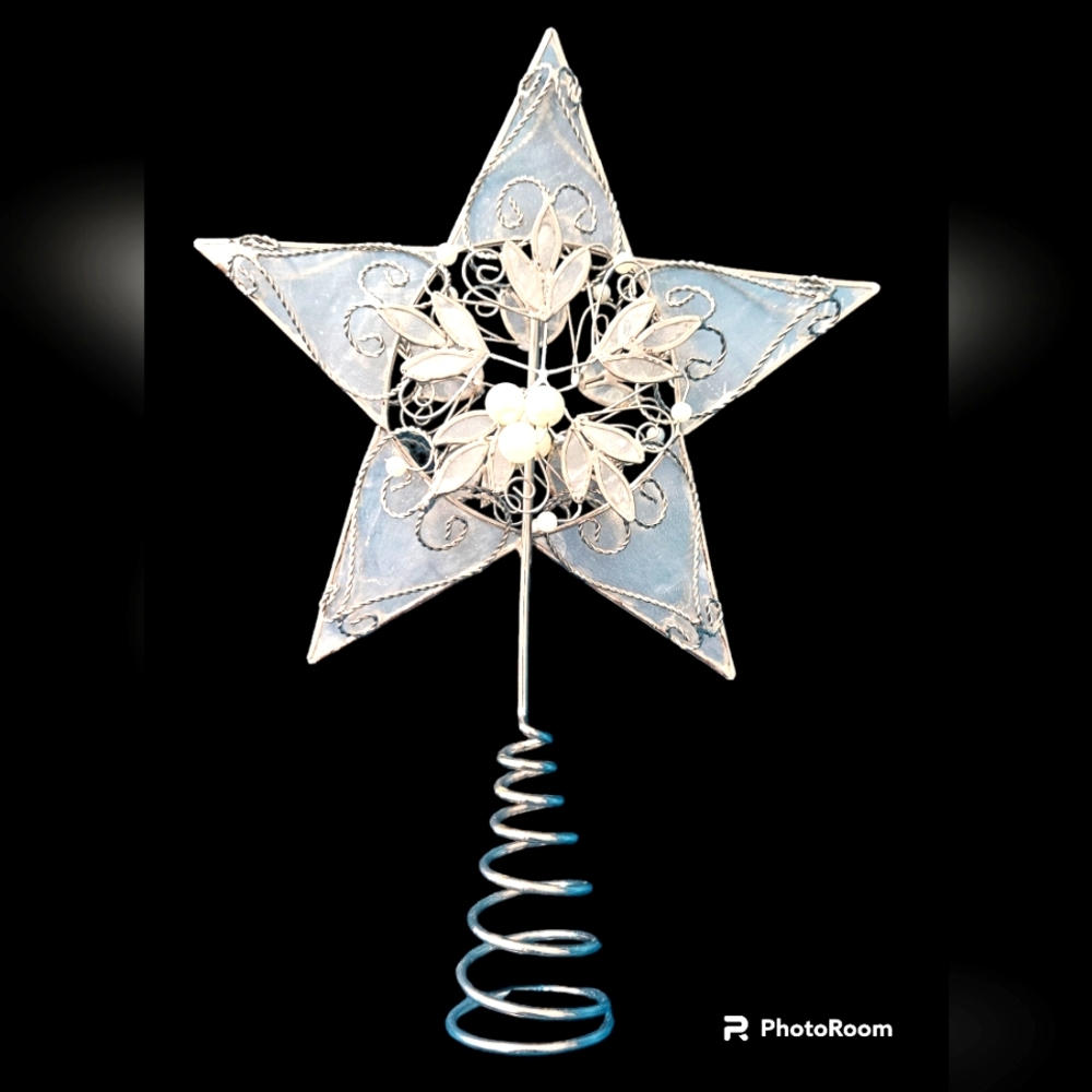Lovely 10" Capiz Shell / Pearls Silver Star Christmas Tree Topper